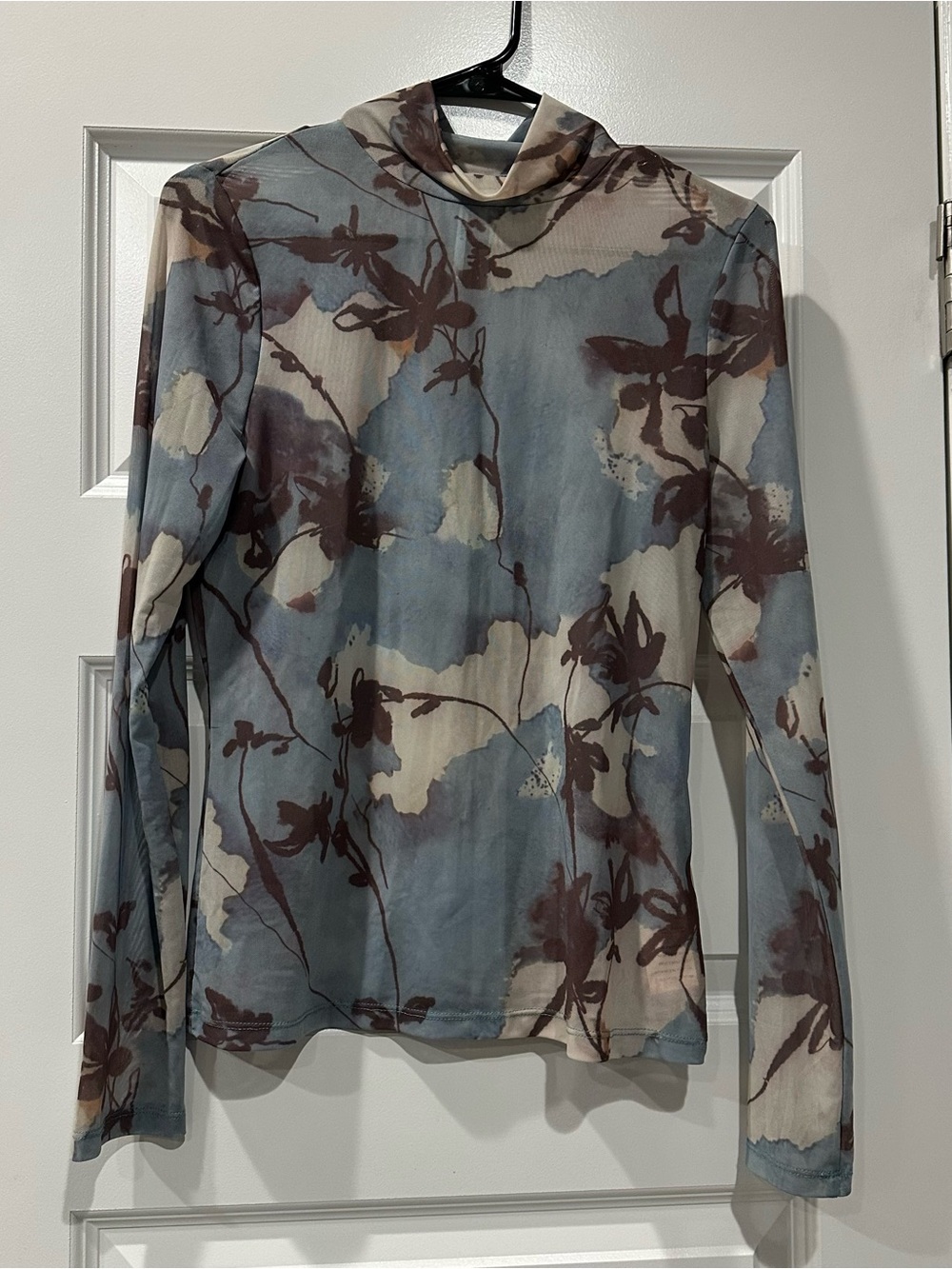 Anthropologie Blue Floral Sheer Mesh Mock Neck Long Sleeve Top Medium - Picture 3 of 7